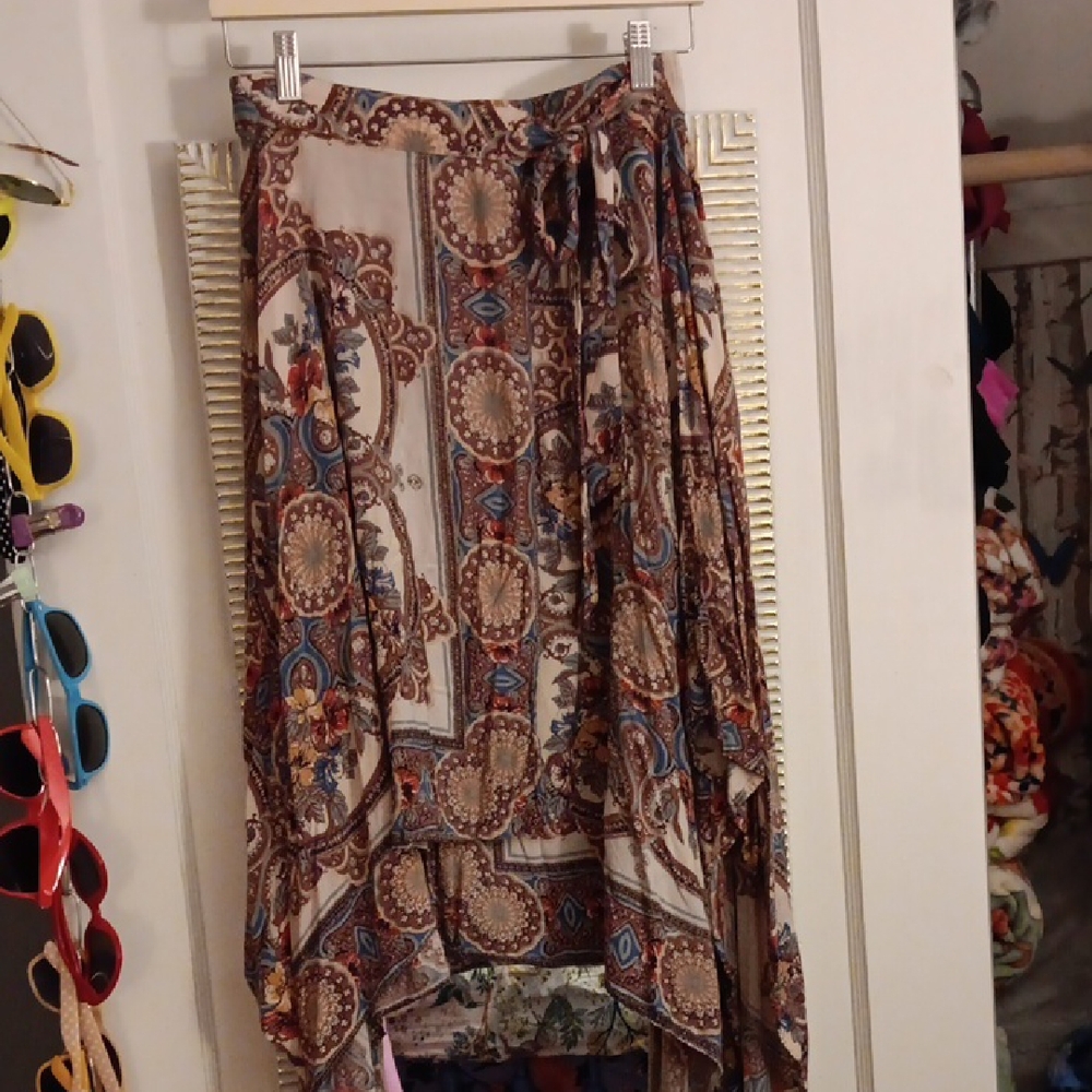 Asymmetrical Boho Print Maxi Skirt - Brown Multi